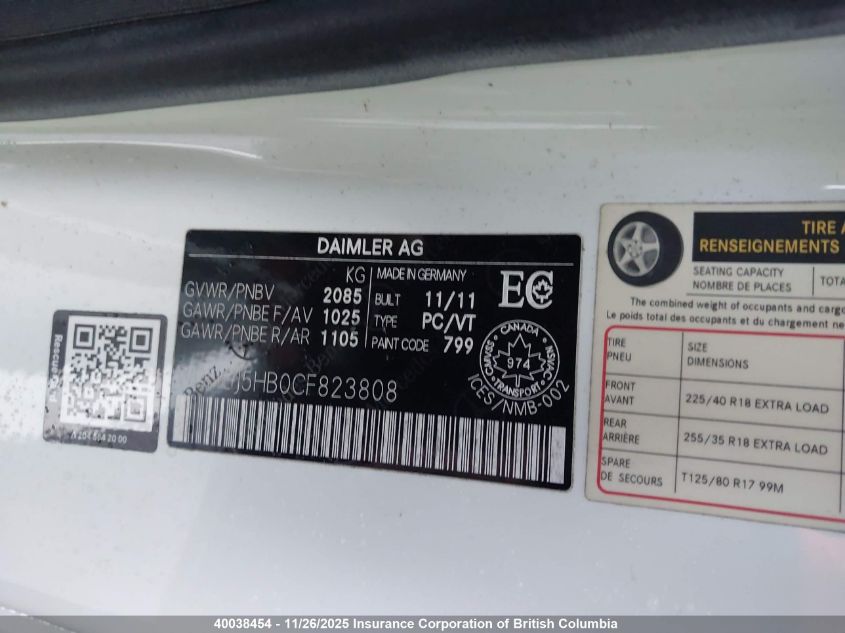 2012 Mercedes-Benz C 350 VIN: WDDGJ5HB0CF823808 Lot: 40038454