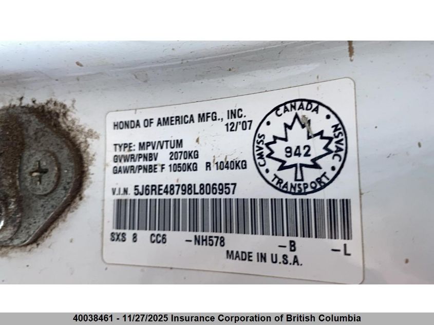 2008 Honda Cr-V VIN: 5J6RE48798L806957 Lot: 40038461
