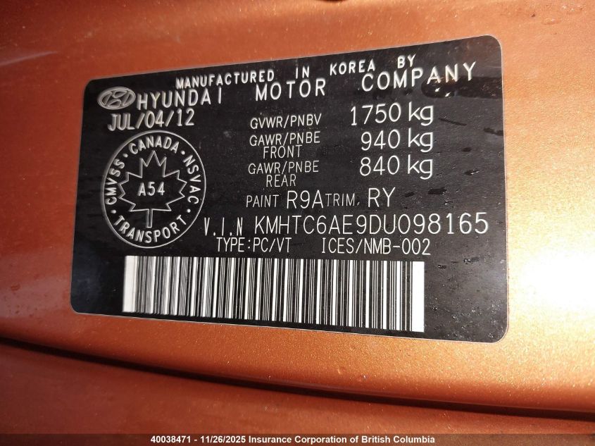 2013 Hyundai Veloster Turbo VIN: KMHTC6AE9DU098165 Lot: 40038471