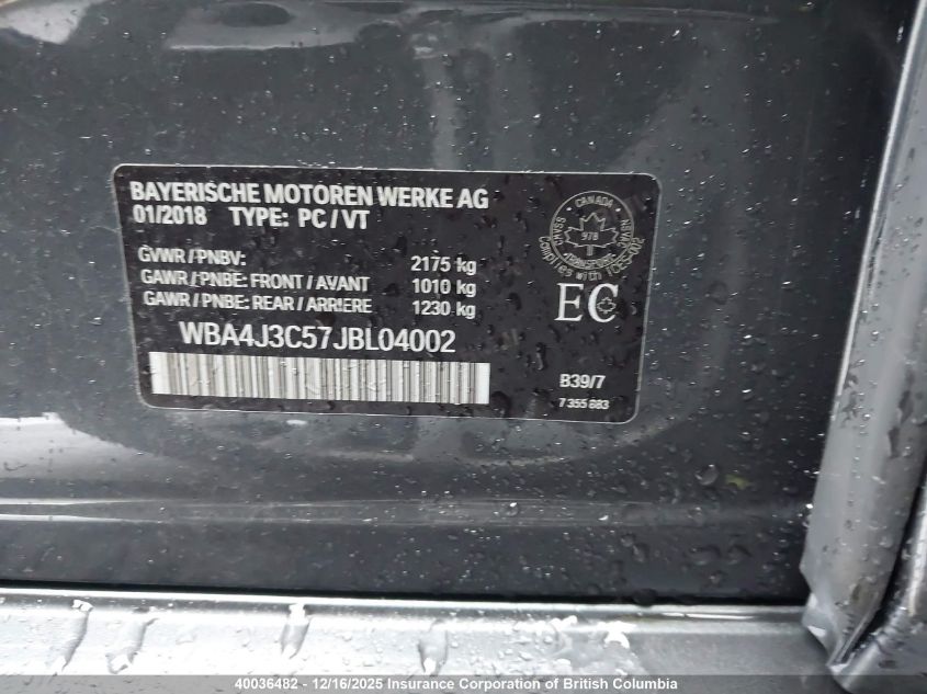 2018 BMW 430Xi Gran Coupe VIN: WBA4J3C57JBL04002 Lot: 40036482