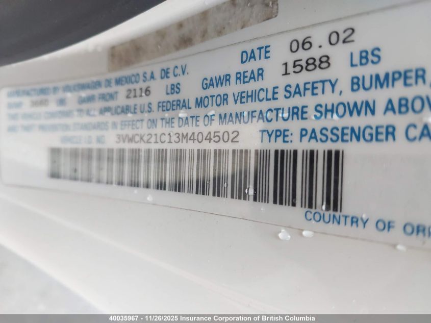 2003 Volkswagen New Beetle Gls VIN: 3VWCK21C13M404502 Lot: 40035967