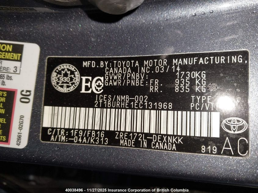 2014 Toyota Corolla L/Le/Le Pls/Prm/S/S Pls VIN: 2T1BURHE1EC131968 Lot: 40038496