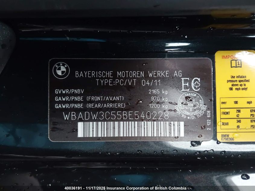 2011 BMW 328I VIN: WBADW3C55BE540228 Lot: 40036191