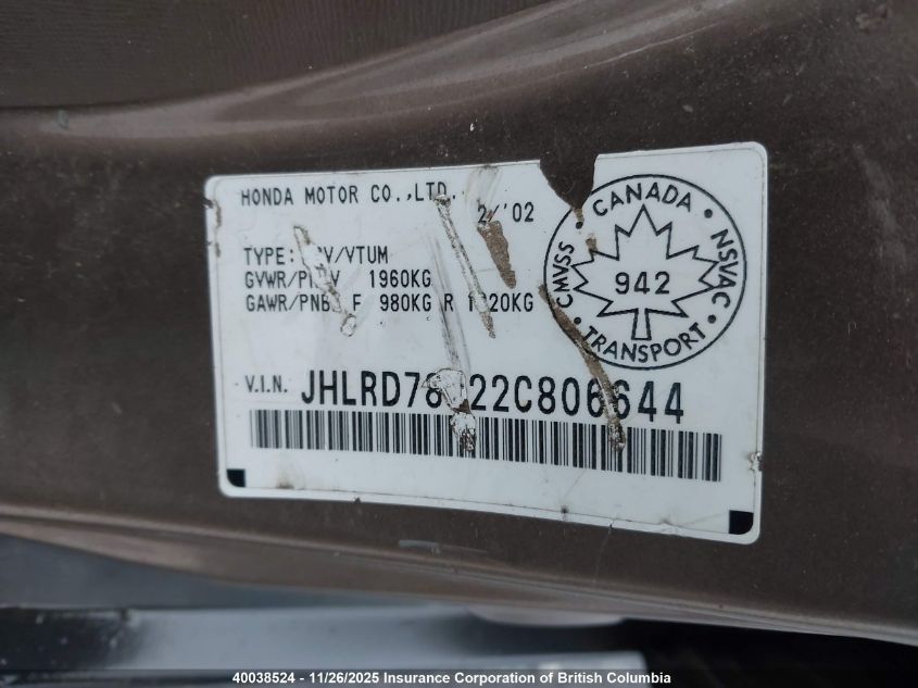 2002 Honda Cr-V VIN: JHLRD78922C806644 Lot: 40038524