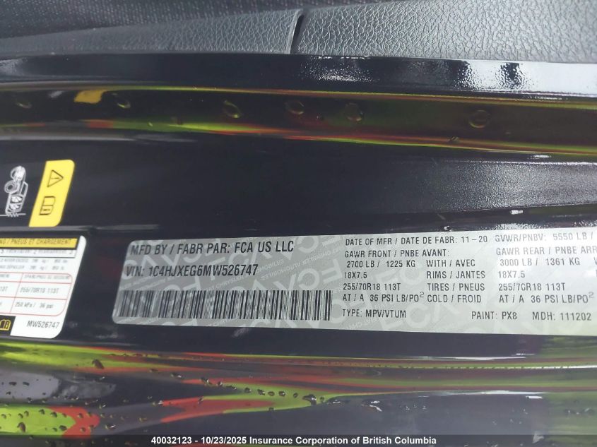 2021 Jeep Wrangler Unlimited Sahara VIN: 1C4HJXEG6MW526747 Lot: 40032123