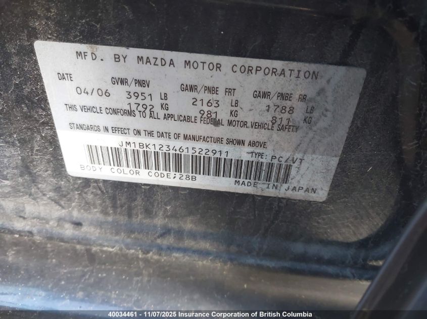 2006 Mazda 3 S VIN: JM1BK123461522911 Lot: 40034461