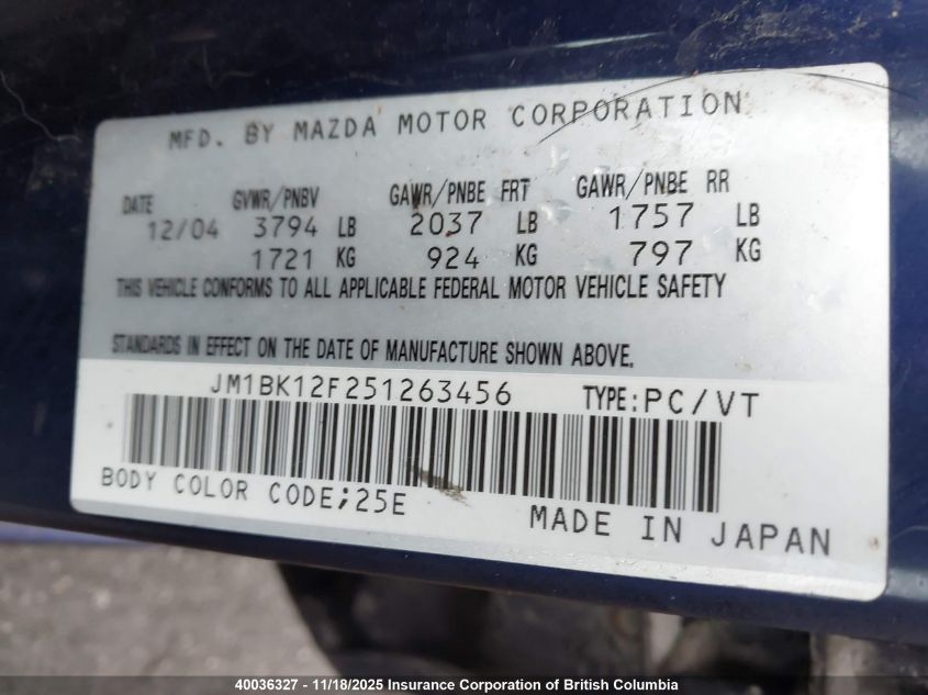 2005 Mazda 3 I VIN: JM1BK12F251263456 Lot: 40036327