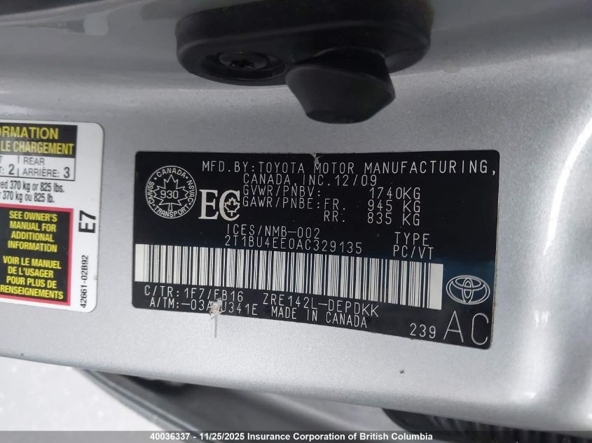 2010 Toyota Corolla S/Le/Xle VIN: 2T1BU4EE0AC329135 Lot: 40036337