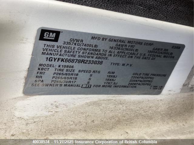 2008 Cadillac Escalade Esv VIN: 1GYFK66878R233038 Lot: 40038534