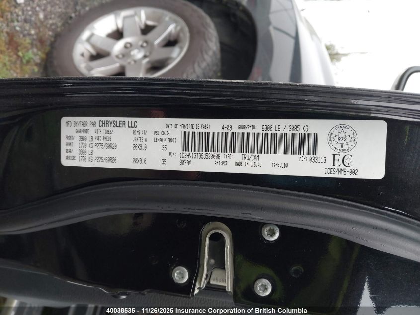 2009 Dodge Ram 1500 VIN: 1D3HV13T39J530008 Lot: 40038535