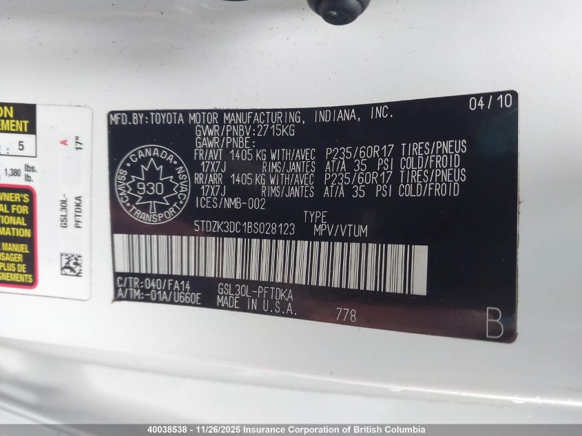 2011 Toyota Sienna VIN: 5TDZK3DC1BS028123 Lot: 40038538