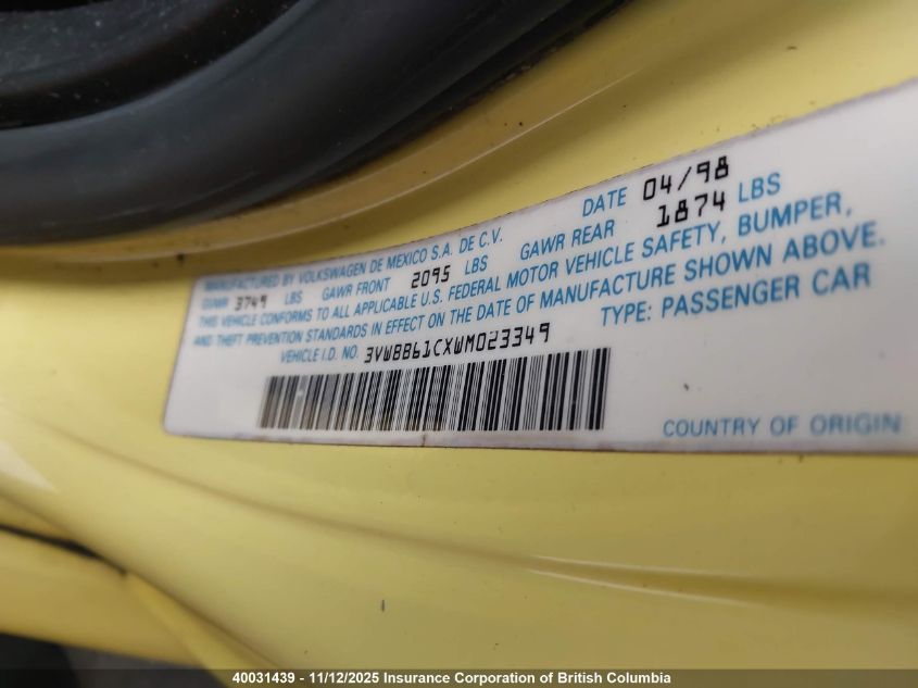 1998 Volkswagen New Beetle VIN: 3VWBB61CXWM023349 Lot: 40031439
