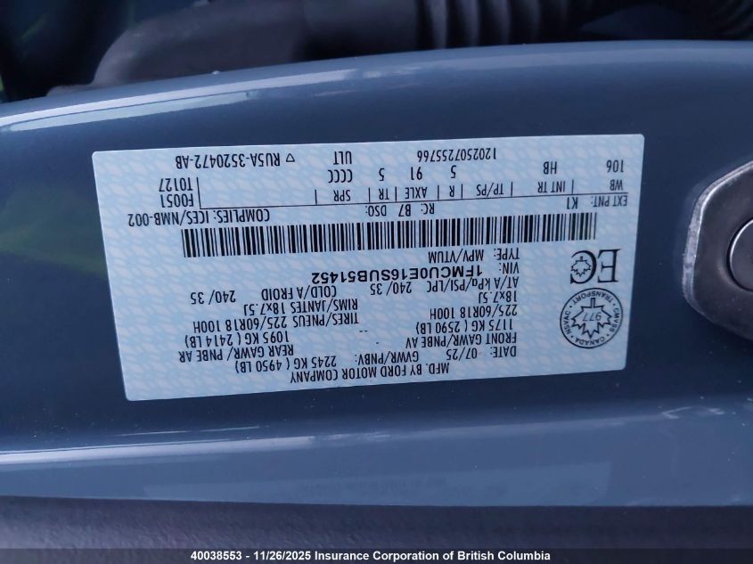 2025 Ford Escape VIN: 1FMCU0E16SUB51452 Lot: 40038553