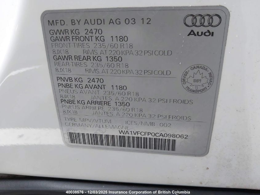 2012 Audi Q5 VIN: WA1VFCFP0CA098062 Lot: 40038576