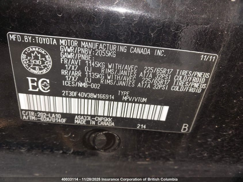 2011 Toyota Rav4 Limited VIN: 2T3DF4DV3BW166914 Lot: 40033114