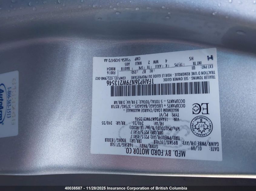 2009 Ford Focus VIN: 1FAHP36N79W213546 Lot: 40038587