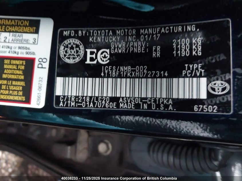 2017 Toyota Camry Le/Xle/Se/Xse VIN: 4T1BF1FKXHU727314 Lot: 40038233