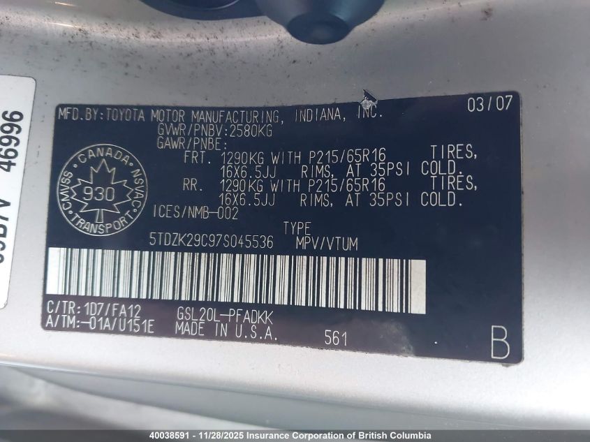 2007 Toyota Sienna Ce VIN: 5TDZK29C97S045536 Lot: 40038591