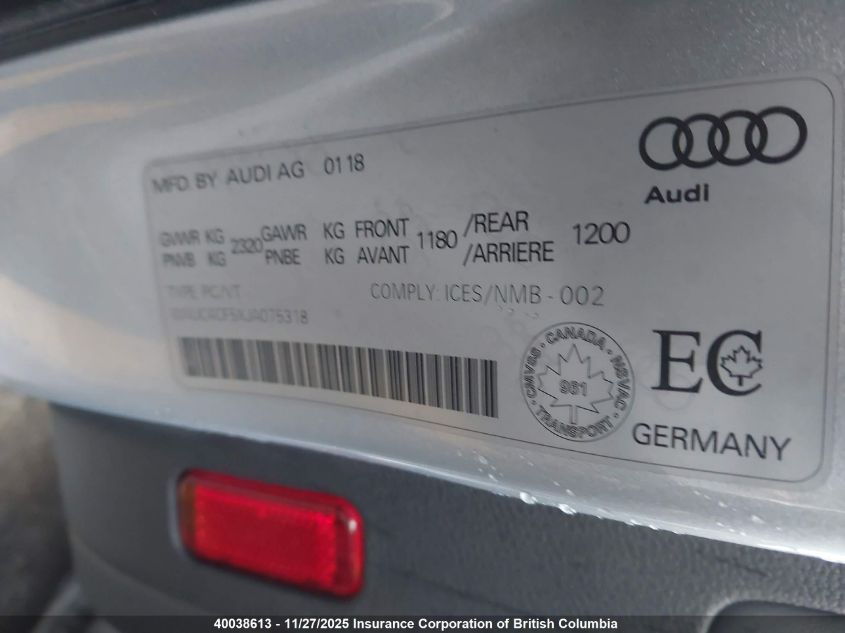 2018 Audi S5 VIN: WAUC4CF5XJA075318 Lot: 40038613