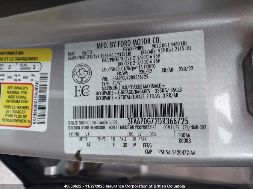 2013 Ford Fusion S VIN: 3FA6P0G72DR366725 Lot: 40038622