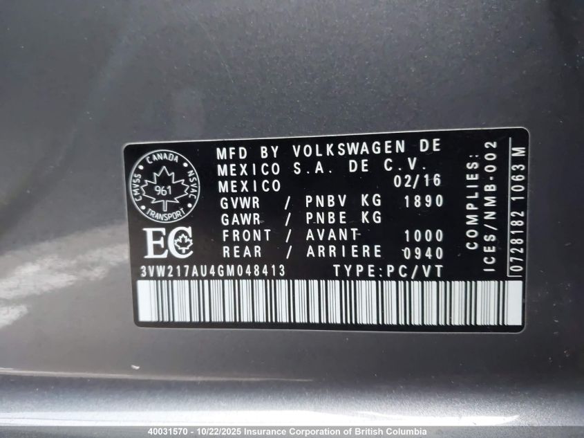 2016 Volkswagen Golf S/Se/Sel VIN: 3VW217AU4GM048413 Lot: 40031570