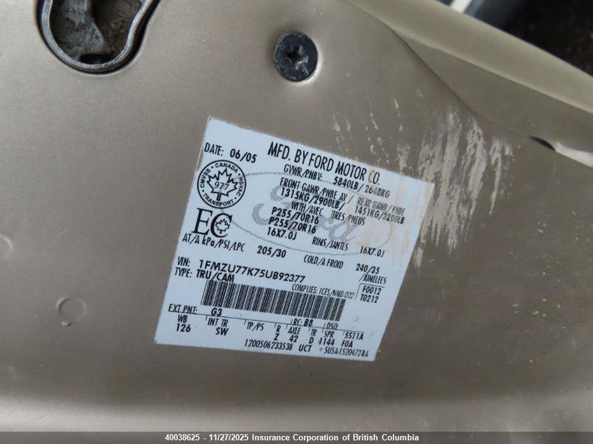 2005 Ford Explorer Sport Trac VIN: 1FMZU77K75UB92377 Lot: 40038625
