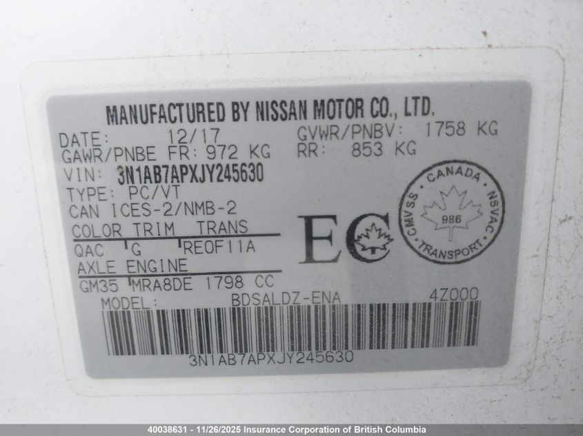 2018 Nissan Sentra S/Sv/Sr/Sl VIN: 3N1AB7APXJY245630 Lot: 40038631