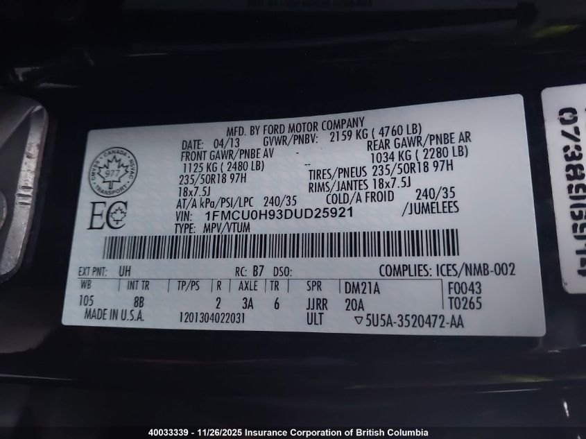 2013 Ford Escape Sel VIN: 1FMCU0H93DUD25921 Lot: 40033339