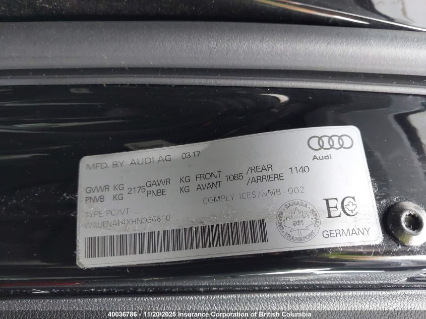 2017 Audi A4 Premium Plus VIN: WAUENAF4XHN066610 Lot: 40036786