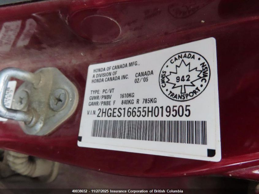 2005 Honda Civic VIN: 2HGES16655H019505 Lot: 40038652