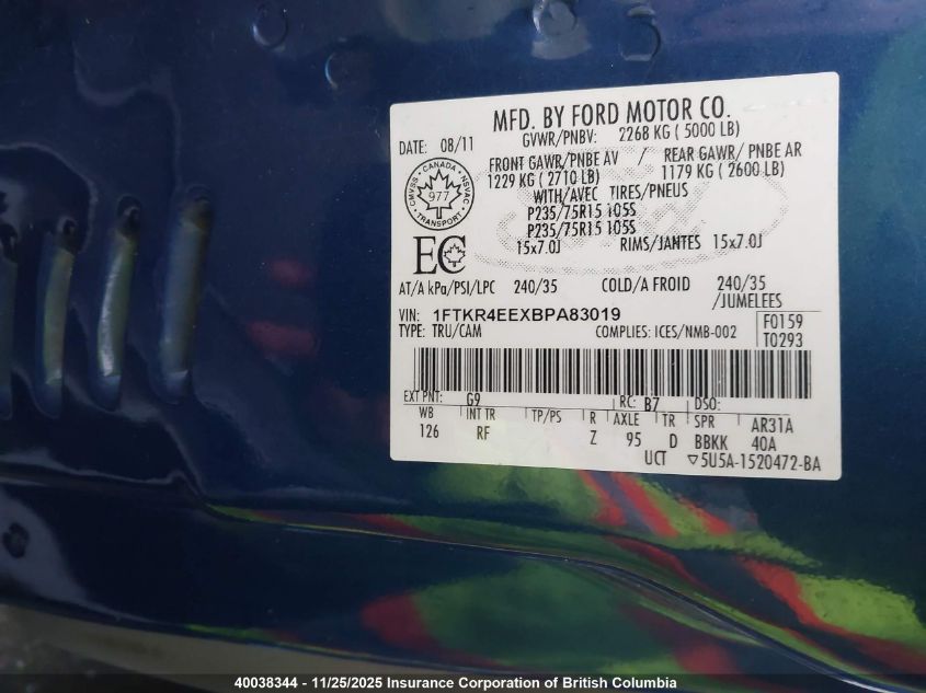 2011 Ford Ranger Super Cab VIN: 1FTKR4EEXBPA83019 Lot: 40038344