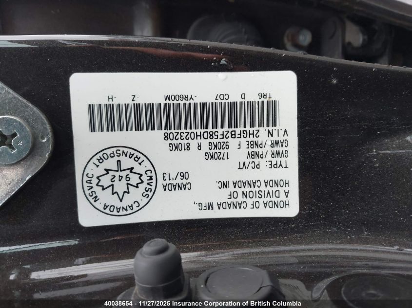 2013 Honda Civic VIN: 2HGFB2F58DH023208 Lot: 40038654