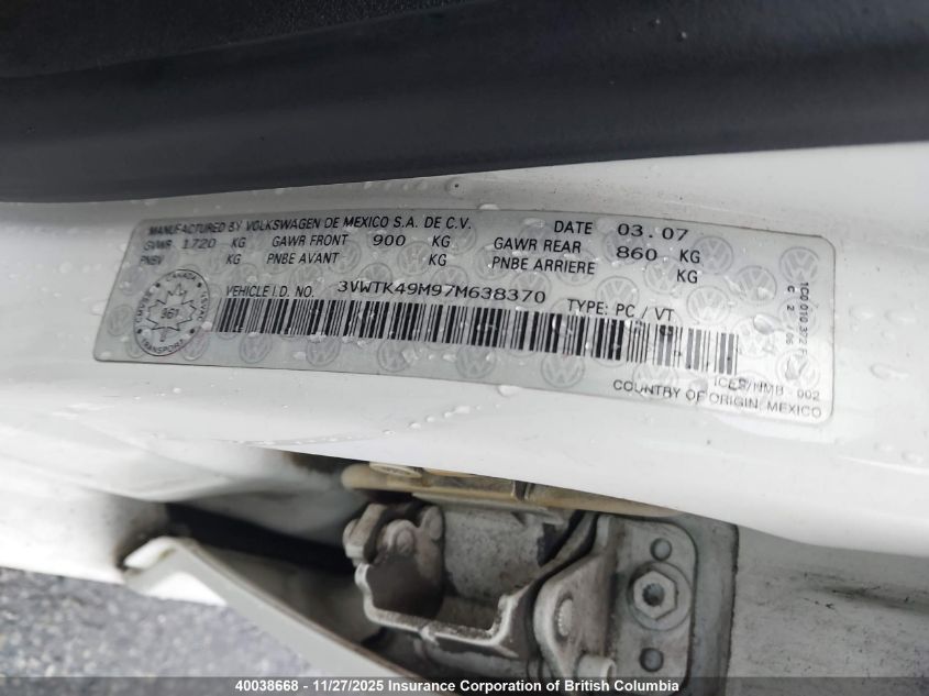 2007 Volkswagen Jetta VIN: 3VWTK49M97M638370 Lot: 40038668