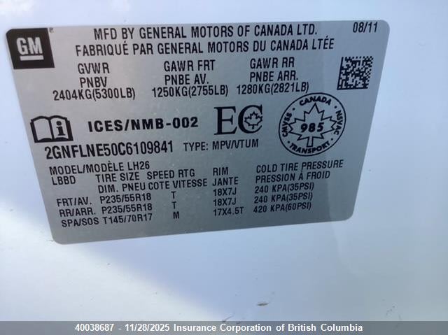 2012 Chevrolet Equinox Lt VIN: 2GNFLNE50C6109841 Lot: 40038687