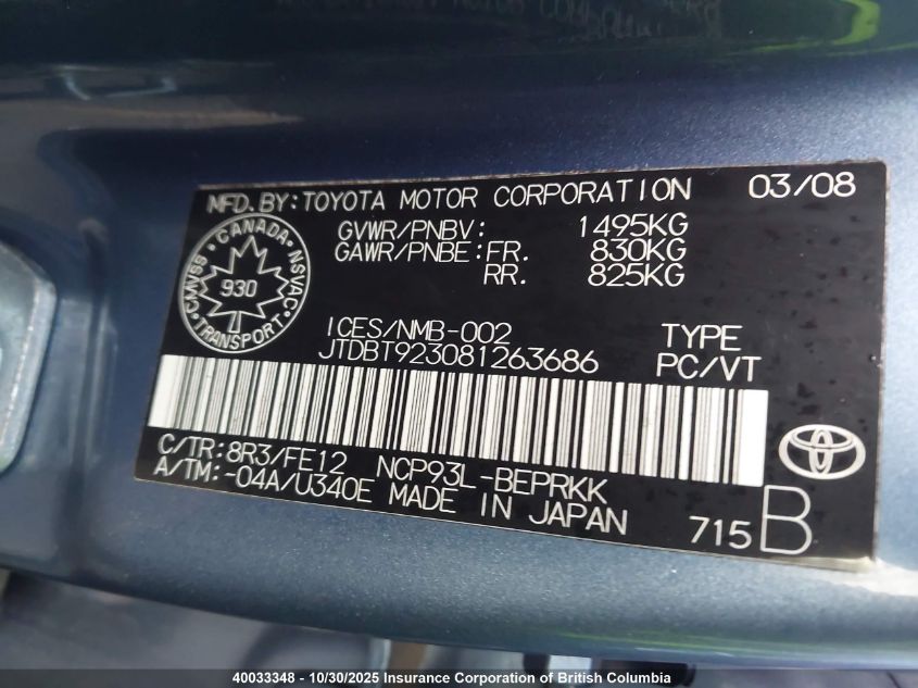 2008 Toyota Yaris VIN: JTDBT923081263686 Lot: 40033348