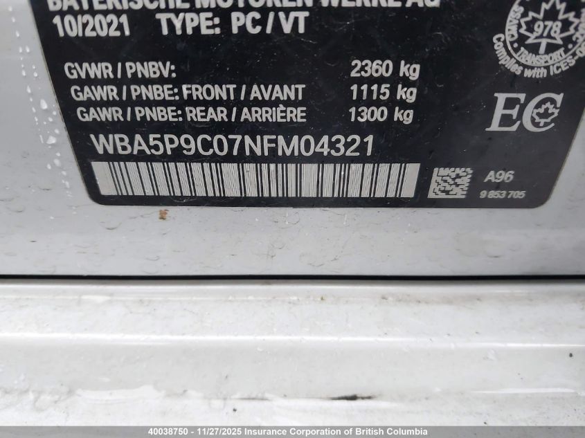 2022 BMW 330E VIN: WBA5P9C07NFM04321 Lot: 40038750