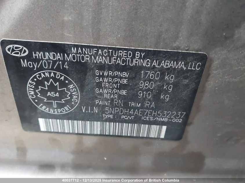 2014 Hyundai Elantra Se/Sport/Limited VIN: 5NPDH4AE7EH532237 Lot: 40037712