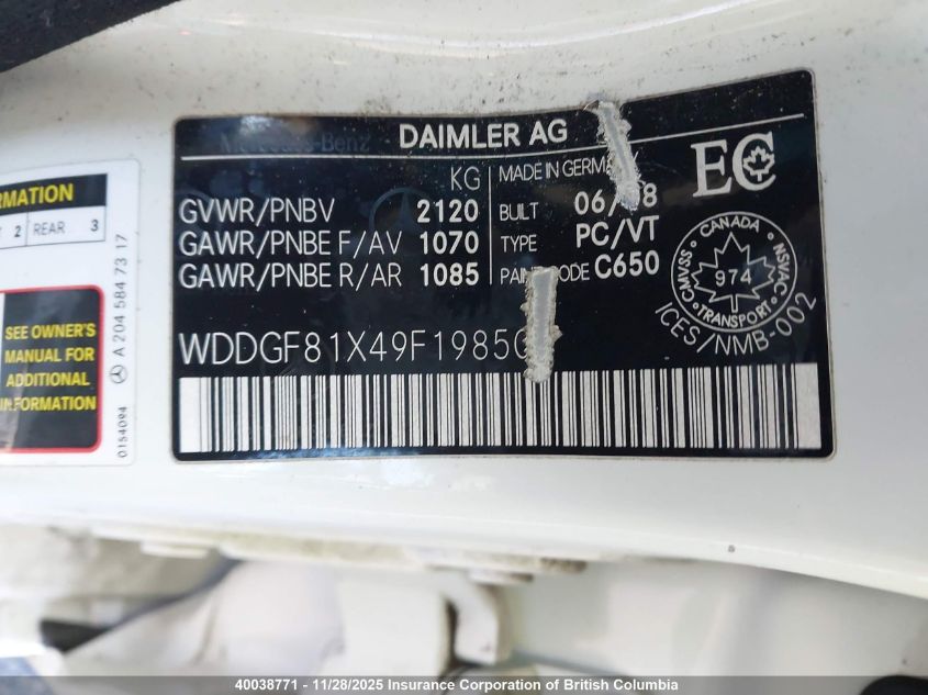 2009 Mercedes-Benz C 300 4Matic VIN: WDDGF81X49F198508 Lot: 40038771