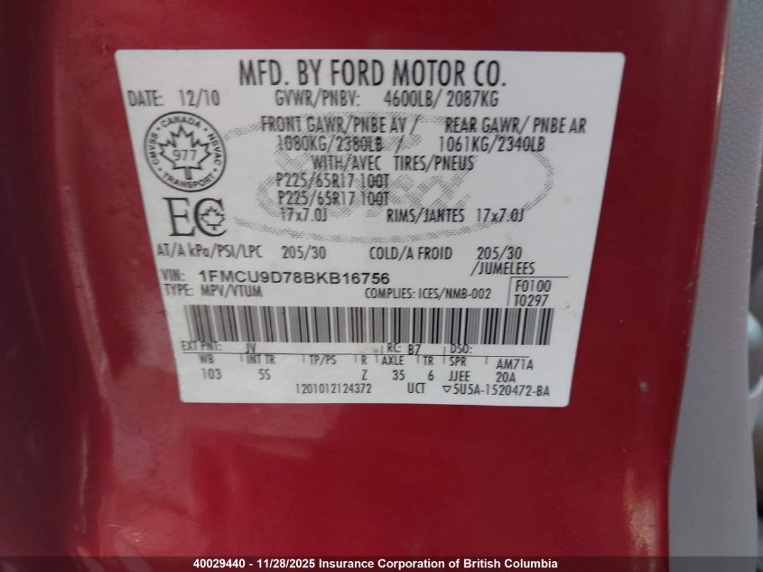 2011 Ford Escape Xlt VIN: 1FMCU9D78BKB16756 Lot: 40029440