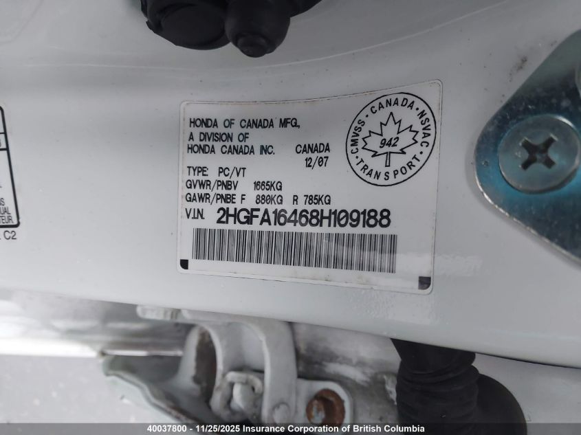 2008 Honda Civic Dx-G VIN: 2HGFA16468H109188 Lot: 40037800