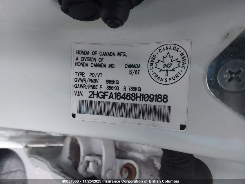 2008 Honda Civic Dx-G VIN: 2HGFA16468H109188 Lot: 40037800