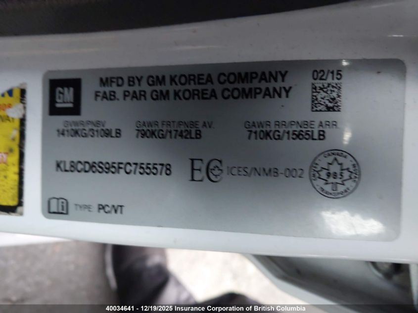 2015 Chevrolet Spark 1Lt VIN: KL8CD6S95FC755578 Lot: 40034641