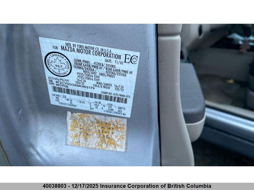 2011 Mazda Tribute S VIN: 4F2CY0GG2BKM02179 Lot: 40038803