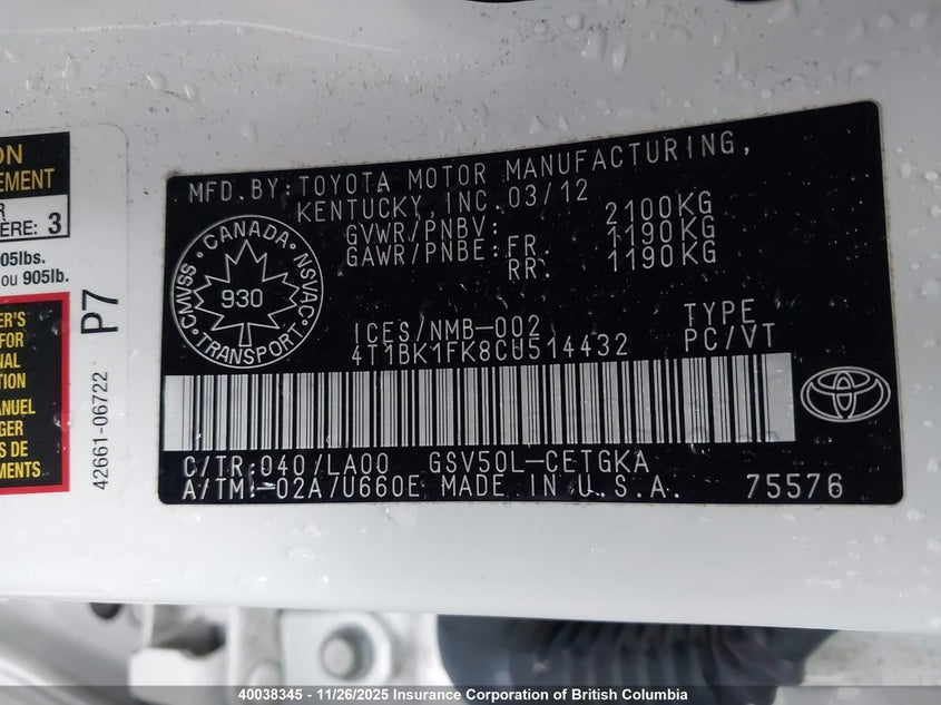 2012 Toyota Camry Se/Xle VIN: 4T1BK1FK8CU514432 Lot: 40038345