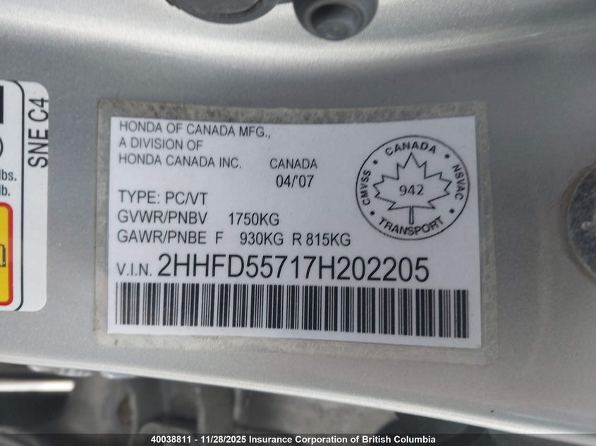 2007 Acura Csx VIN: 2HHFD55717H202205 Lot: 40038811