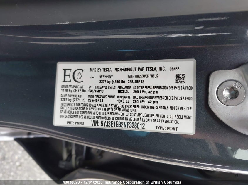 5YJ3E1EB2NF328012 2022 TESLA MODEL 3 photo no. 9