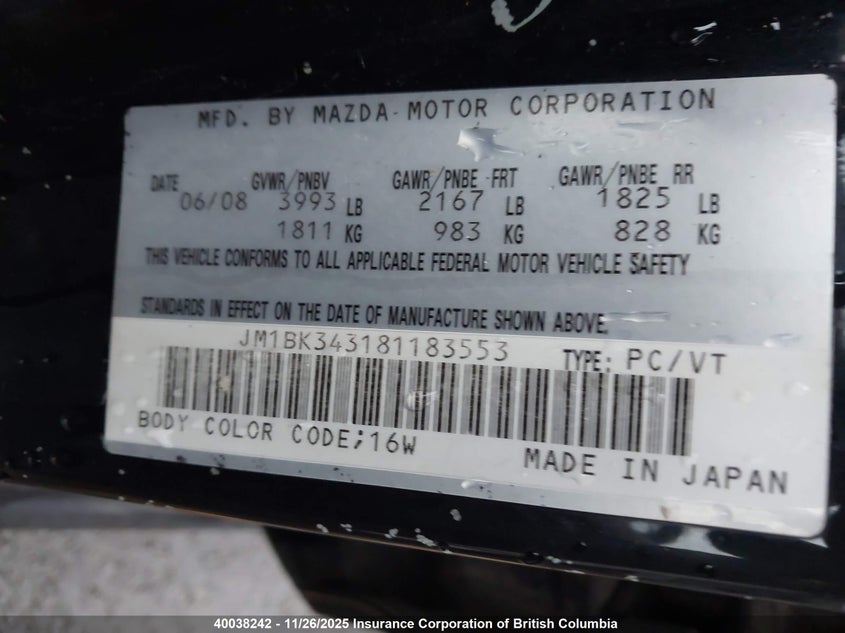 JM1BK343181183553 2008 MAZDA 3 photo no. 9
