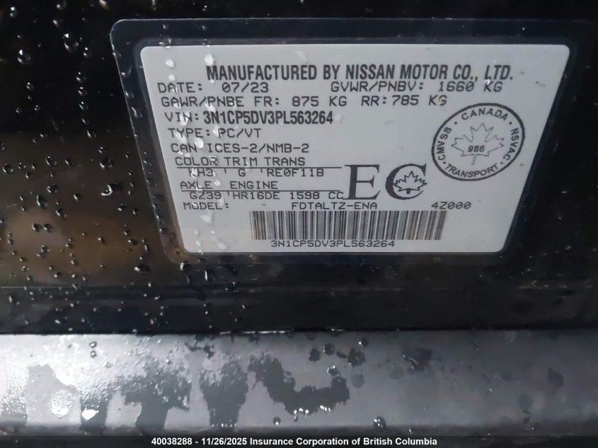 2023 Nissan Kicks Sr VIN: 3N1CP5DV3PL563264 Lot: 40038288