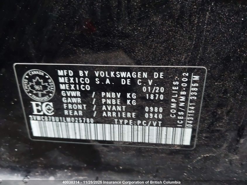 2020 Volkswagen Jetta S/Se/R-Line VIN: 3VWCB7BU1LM025780 Lot: 40038314