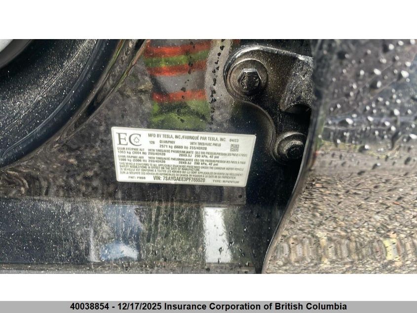 2023 Tesla Model Y VIN: 7SAYGAEE3PF765520 Lot: 40038854